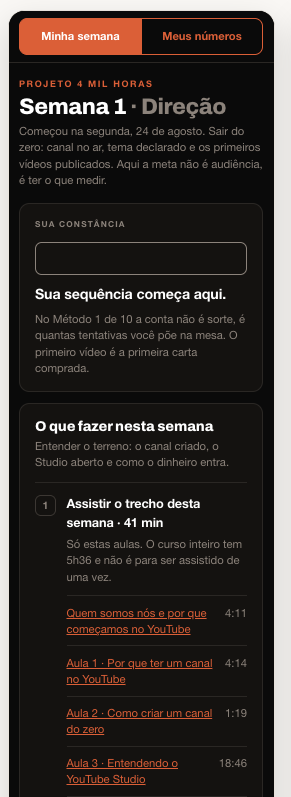 Tela Minha semana, com a aula da semana, as tarefas e o encontro.